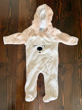Bear Face Plush Hooded Footie One-Piece - Cream & Light Pink